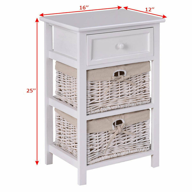 2 Pieces 3 Tiers Wood Nightstand Set with 1 Drawer and 2 Basket - White