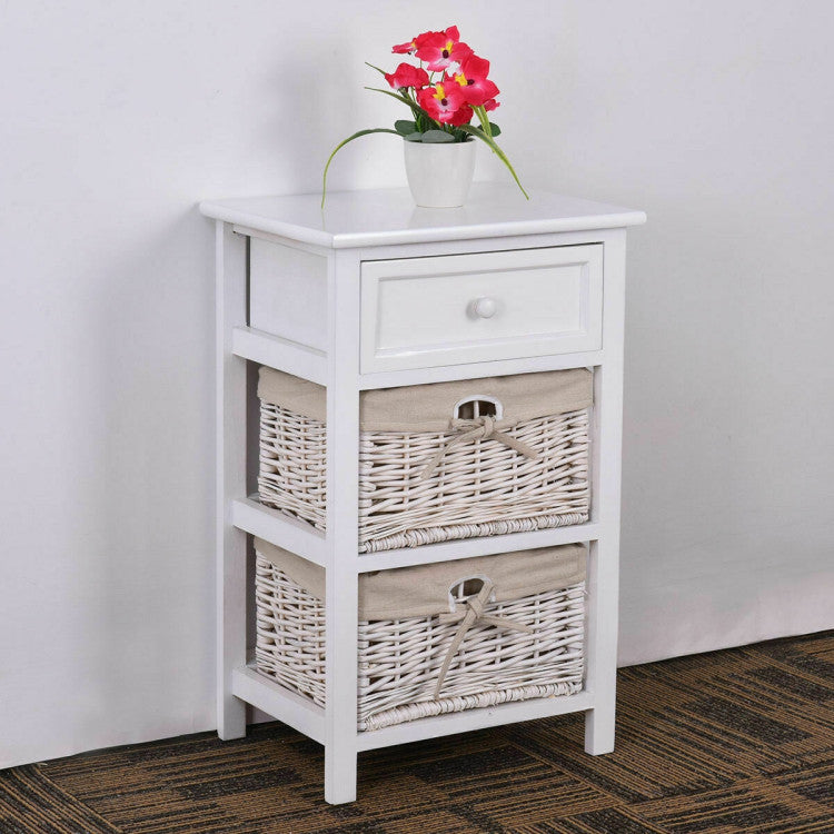 2 Pieces 3 Tiers Wood Nightstand Set with 1 Drawer and 2 Basket - White