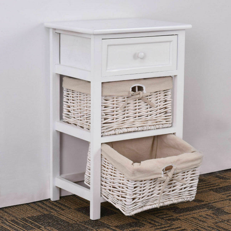 2 Pieces 3 Tiers Wood Nightstand Set with 1 Drawer and 2 Basket - White