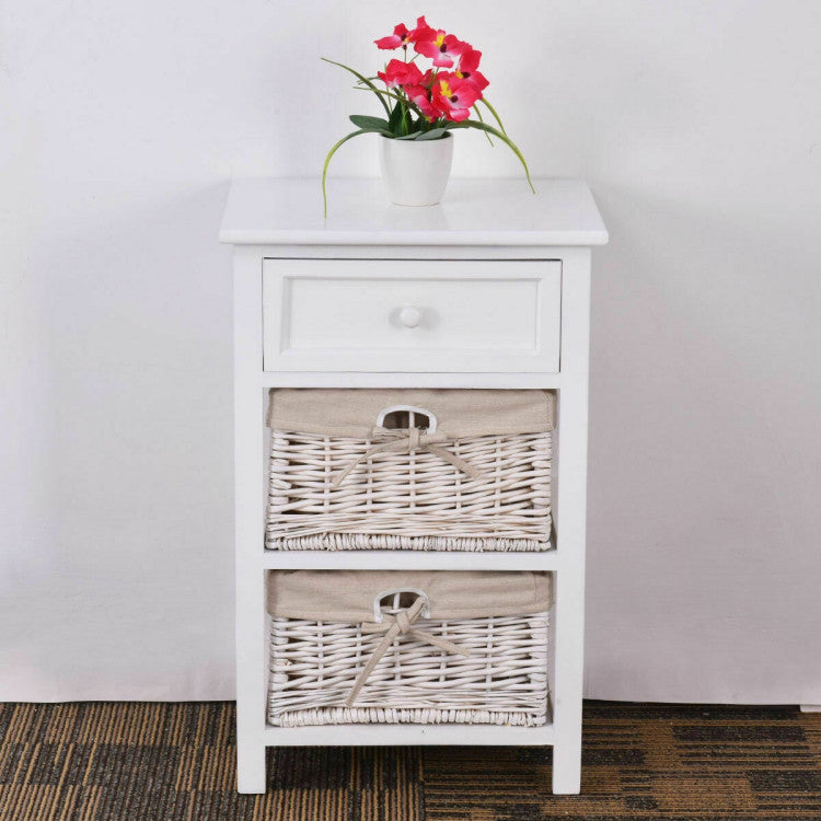 2 Pieces 3 Tiers Wood Nightstand Set with 1 Drawer and 2 Basket - White