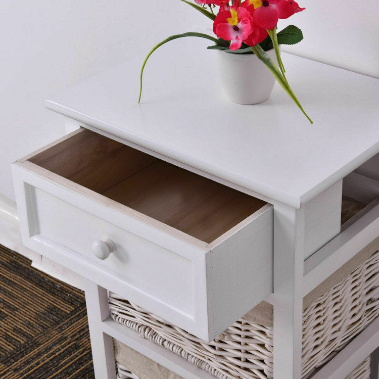 2 Pieces 3 Tiers Wood Nightstand Set with 1 Drawer and 2 Basket - White