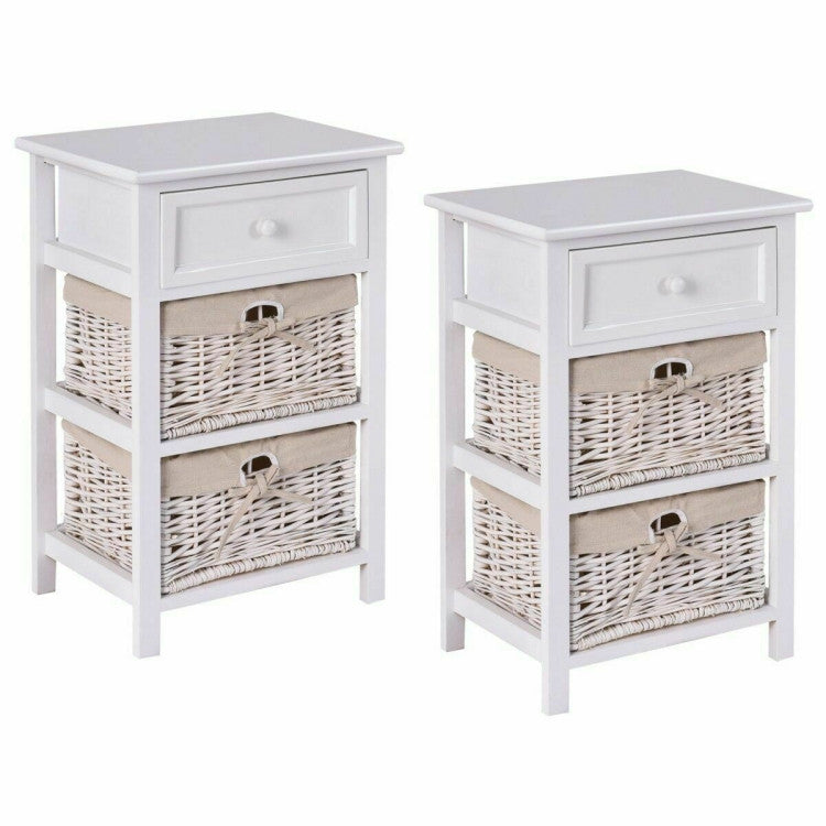 2 Pieces 3 Tiers Wood Nightstand Set with 1 Drawer and 2 Basket - White