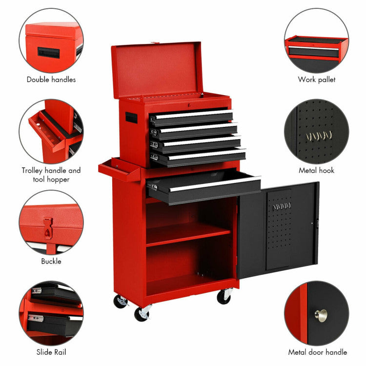 2-in-1 Rolling Tool Chest with 5 Sliding Lockable Drawers