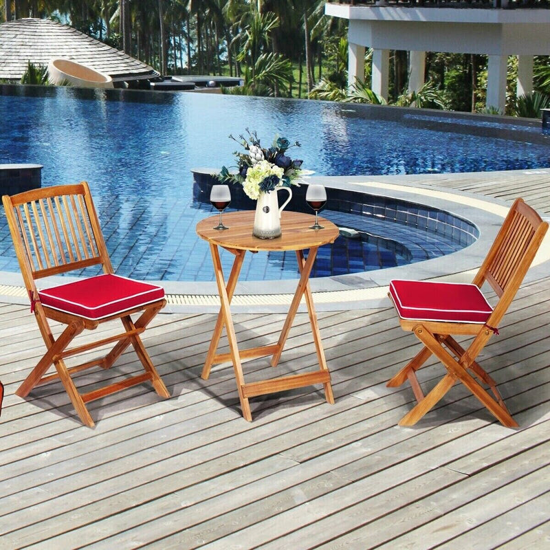 3PCS Patio Folding Wooden Bistro Set Cushioned Chair Conversation Garden Red
