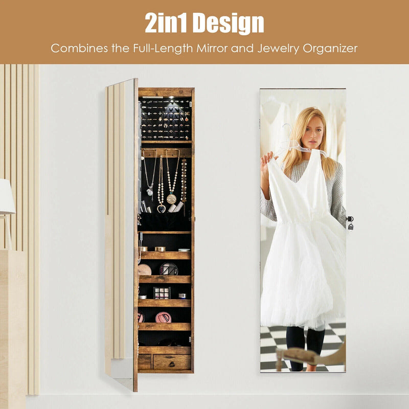 Mirrored Wall & Door Mounted Jewelry Cabinet Storage Organizer W/ Lights&Drawer