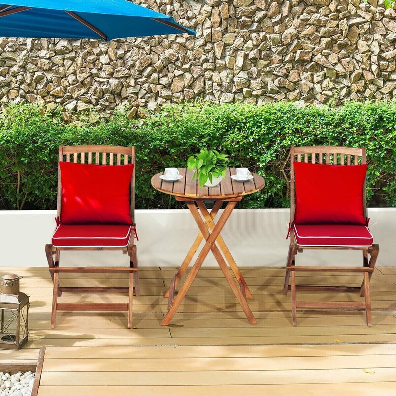 3PCS Patio Folding Wooden Bistro Set Cushioned Chair Conversation Garden Red