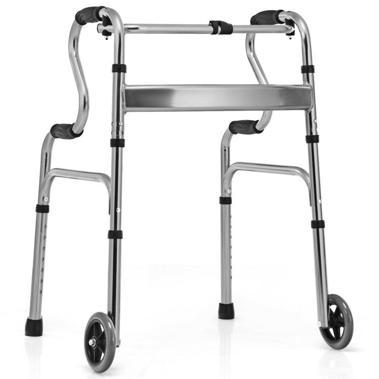 Adjustable Heavy-Duty Folding Walker with Unidirectional Wheels and Bi-Level Armrests